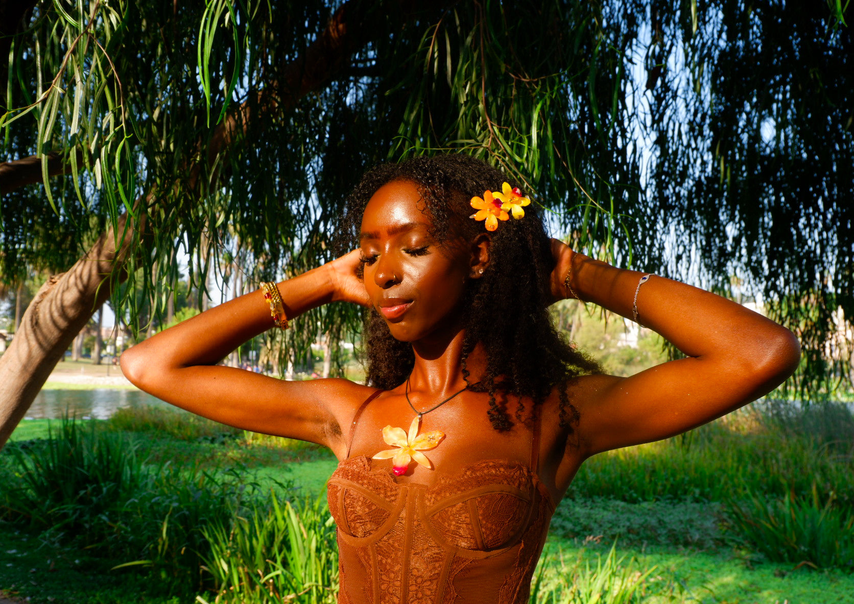 Orange Rhinestoned Cattleya Necklace