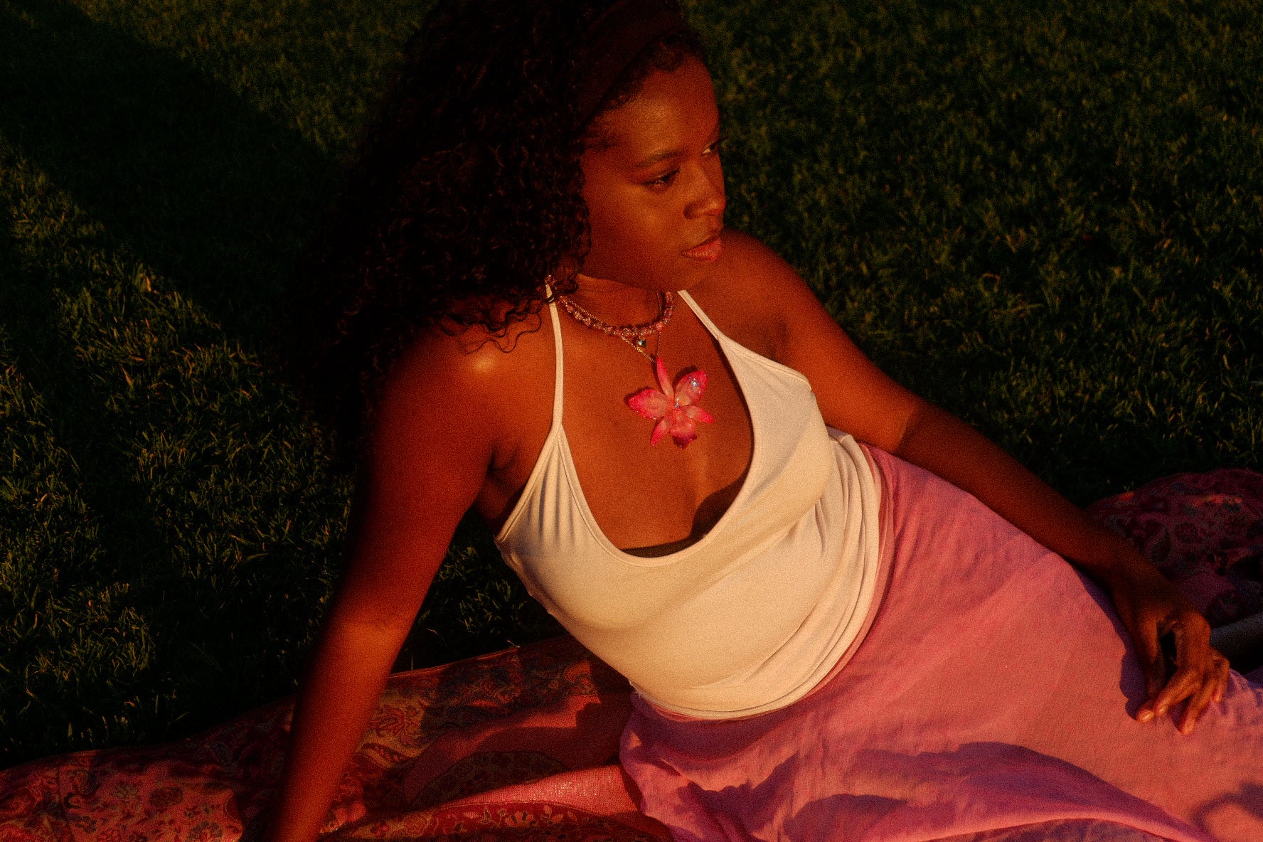 Pink Rhinestoned Cattleya Necklace