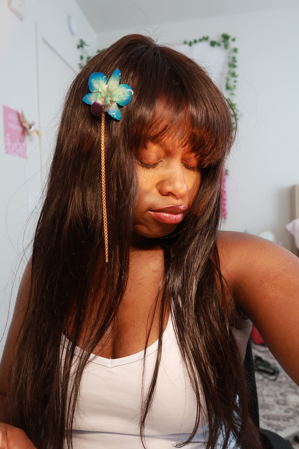 Den Orchid Hair Pin on Stainless Steel Chain