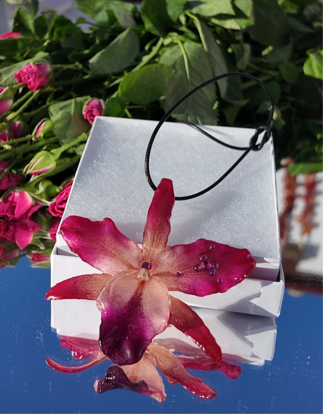 Pink Rhinestoned Cattleya Necklace
