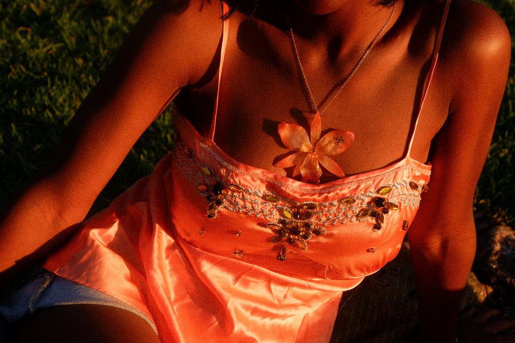 Orange Rhinestoned Cattleya Necklace