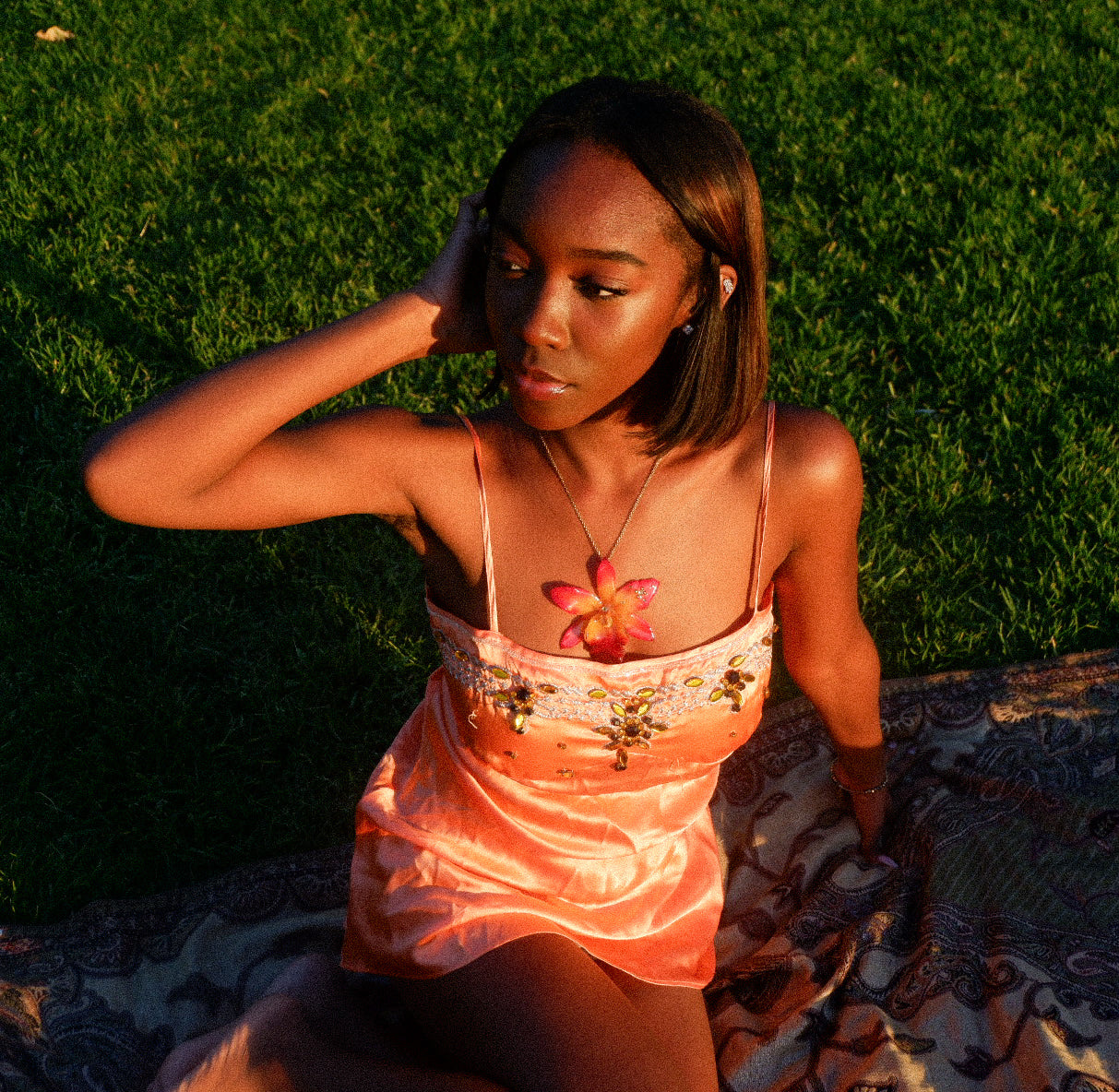 Orange Rhinestoned Cattleya Necklace