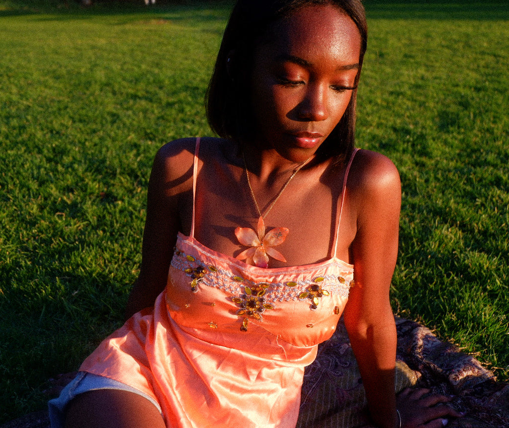 Orange Rhinestoned Cattleya Necklace