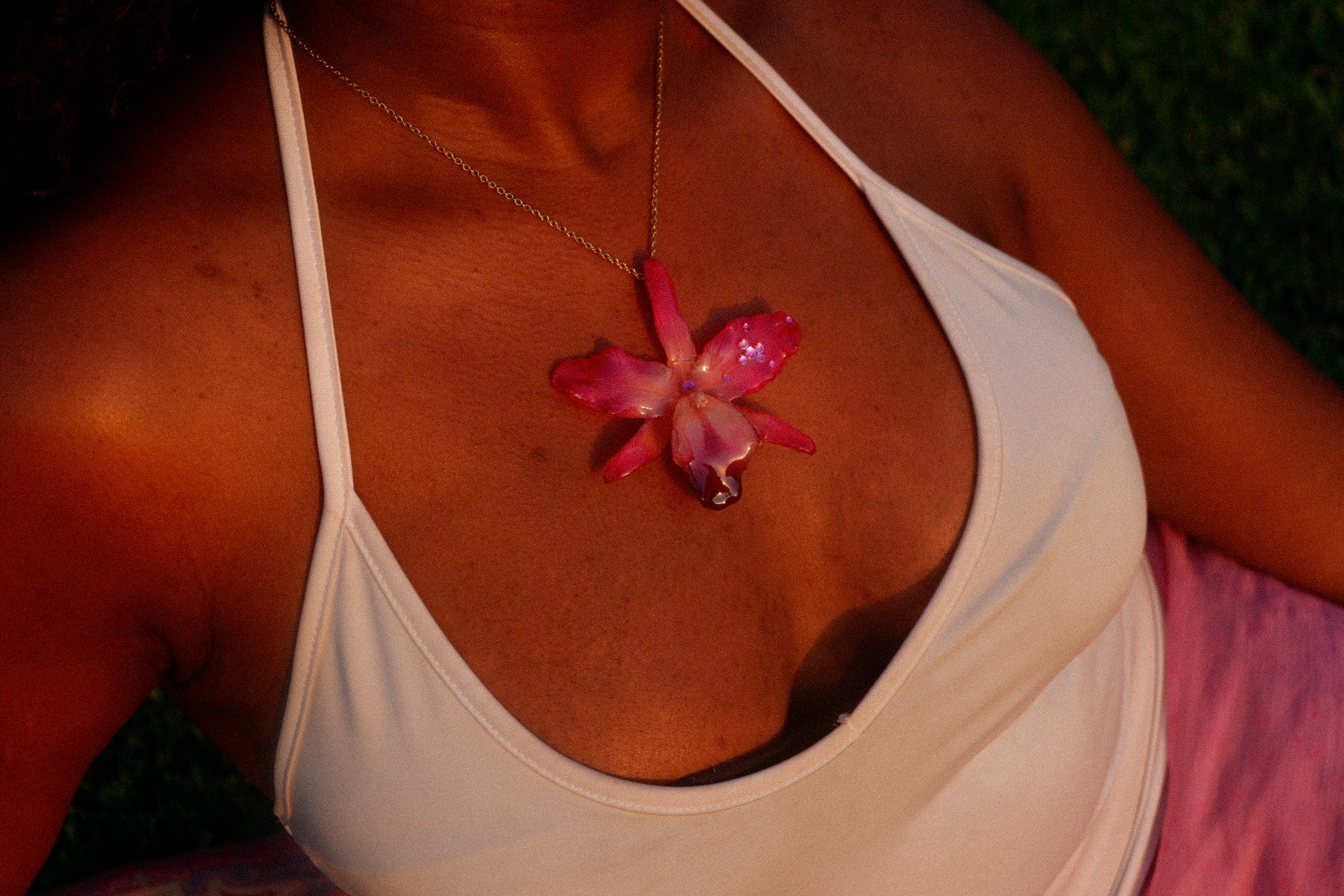 Pink Rhinestoned Cattleya Necklace