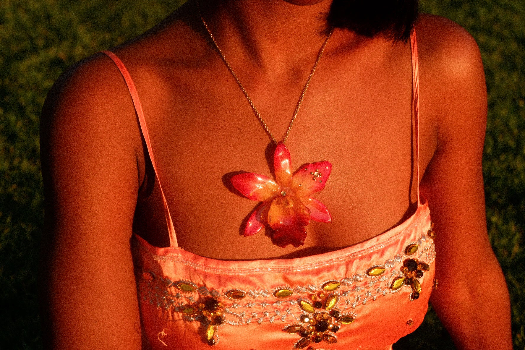 Orange Rhinestoned Cattleya Necklace