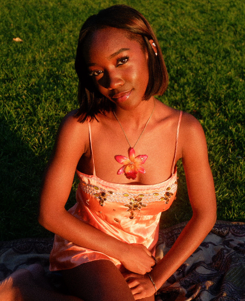 Orange Rhinestoned Cattleya Necklace