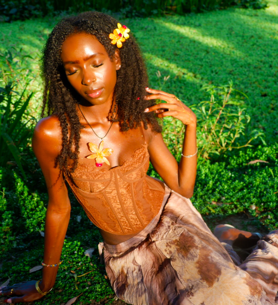 Orange Rhinestoned Cattleya Necklace