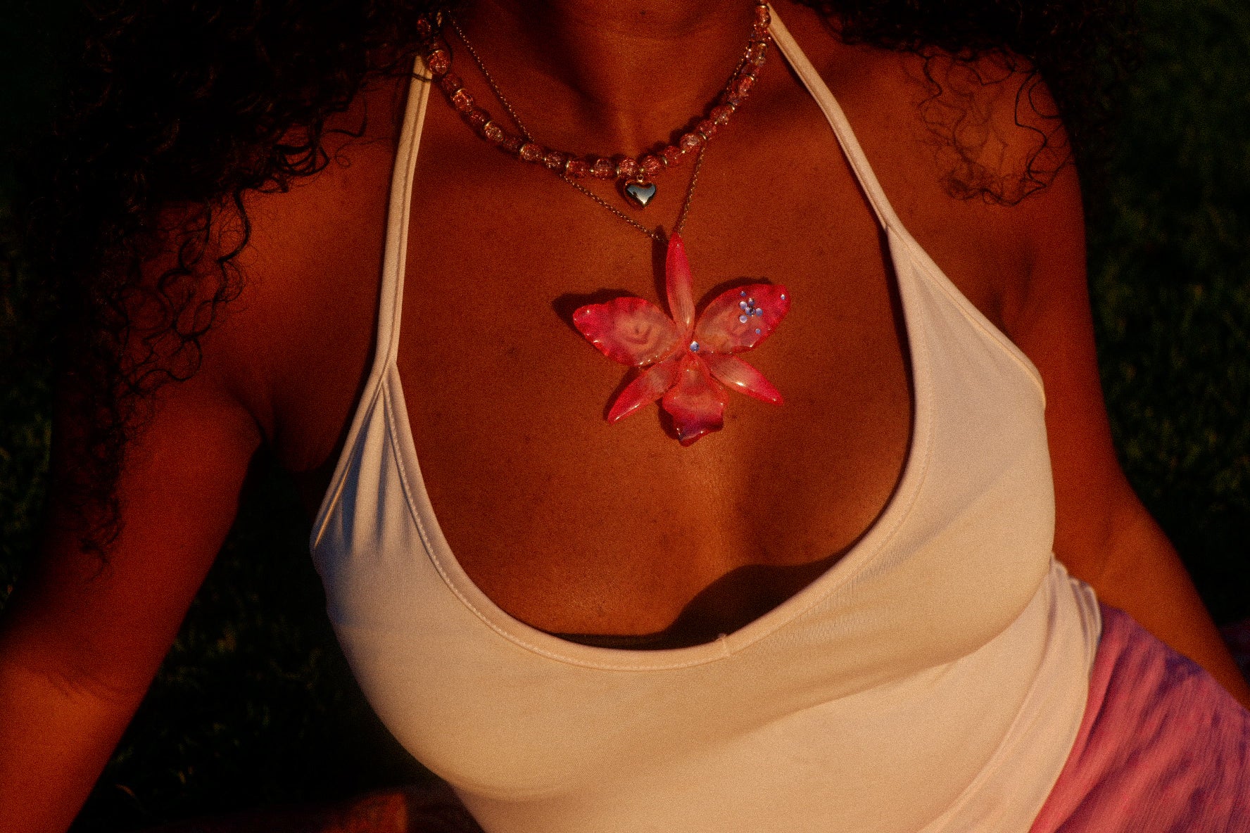 Pink Rhinestoned Cattleya Necklace