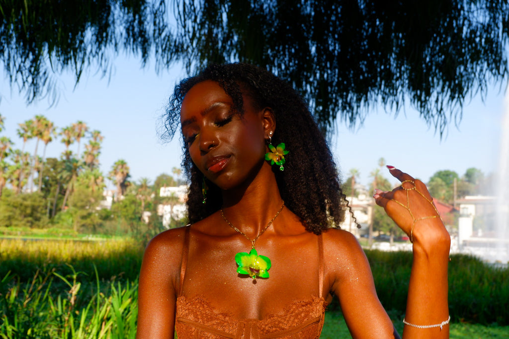 Green Rhinestoned Cattleya Necklace