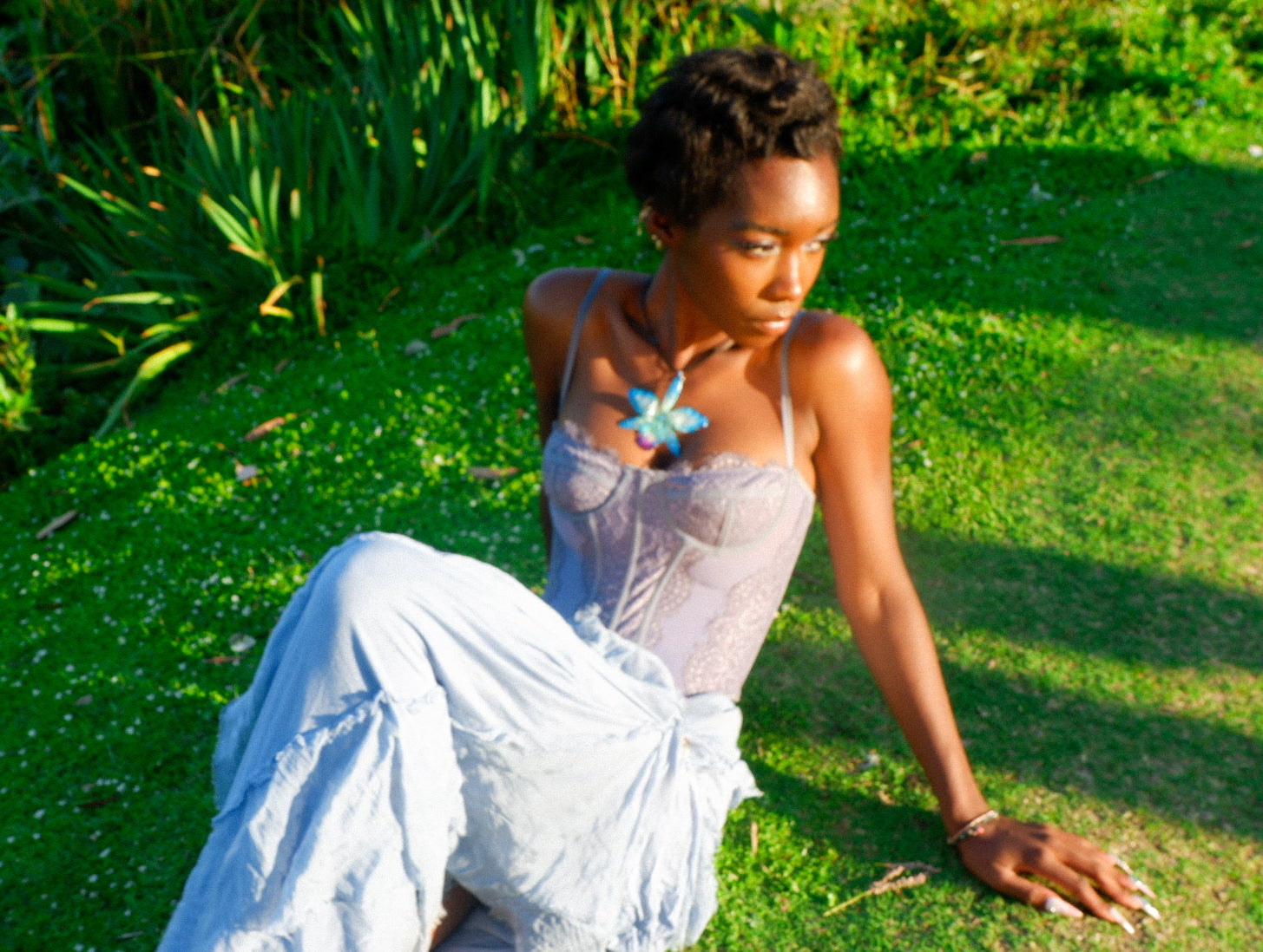Blue Rhinestoned Cattleya Necklace
