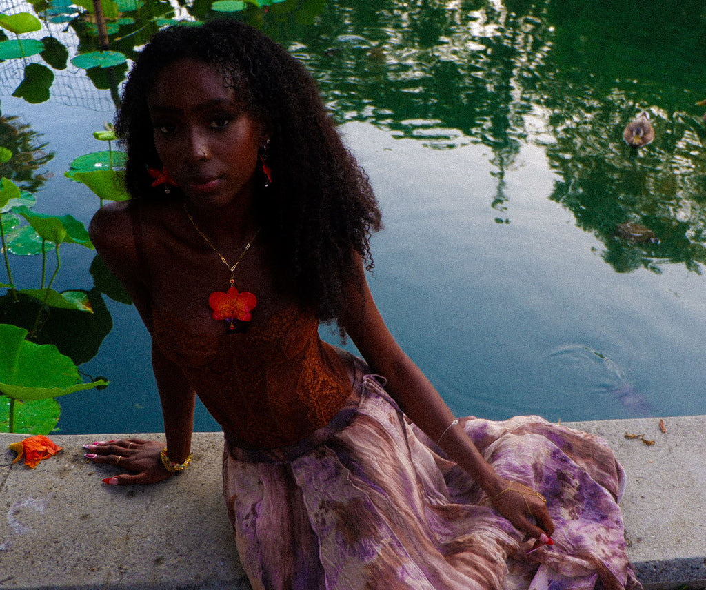 Orange Rhinestoned Orchid Necklace
