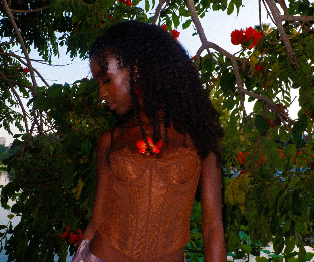 Orange Rhinestoned Orchid Necklace