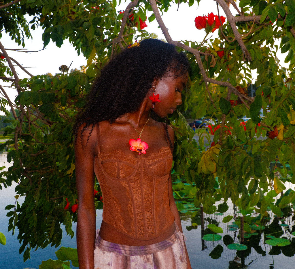 Orange Rhinestoned Orchid Necklace