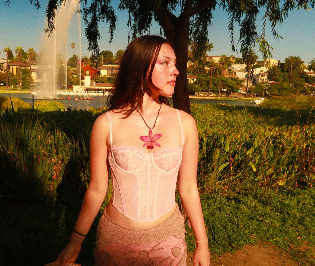 Pink Rhinestoned Cattleya Necklace