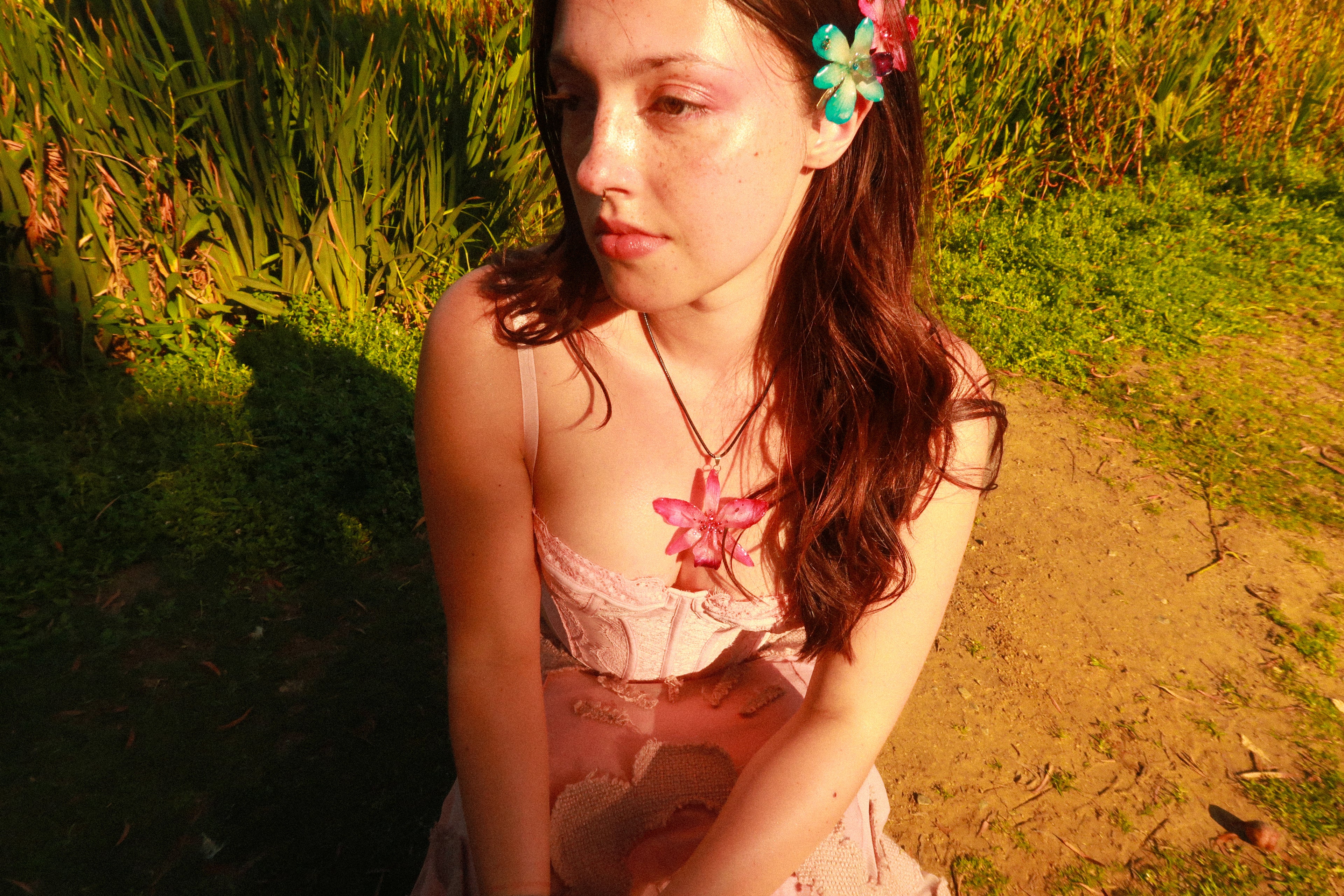 Pink Rhinestoned Cattleya Necklace