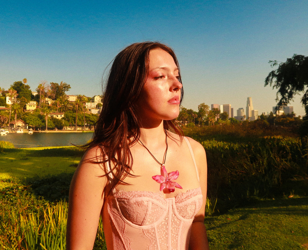 Pink Rhinestoned Cattleya Necklace