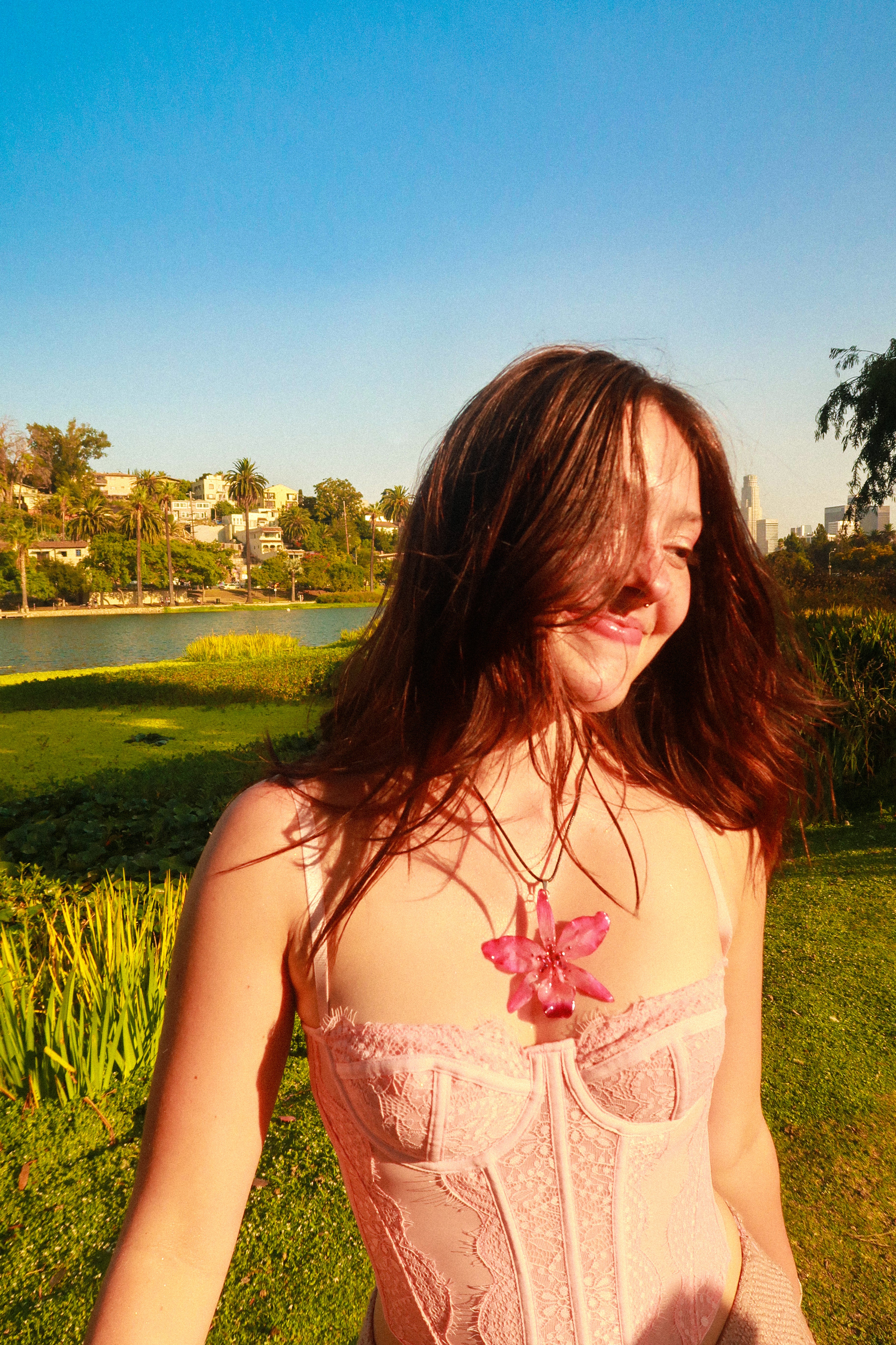 Pink Rhinestoned Cattleya Necklace