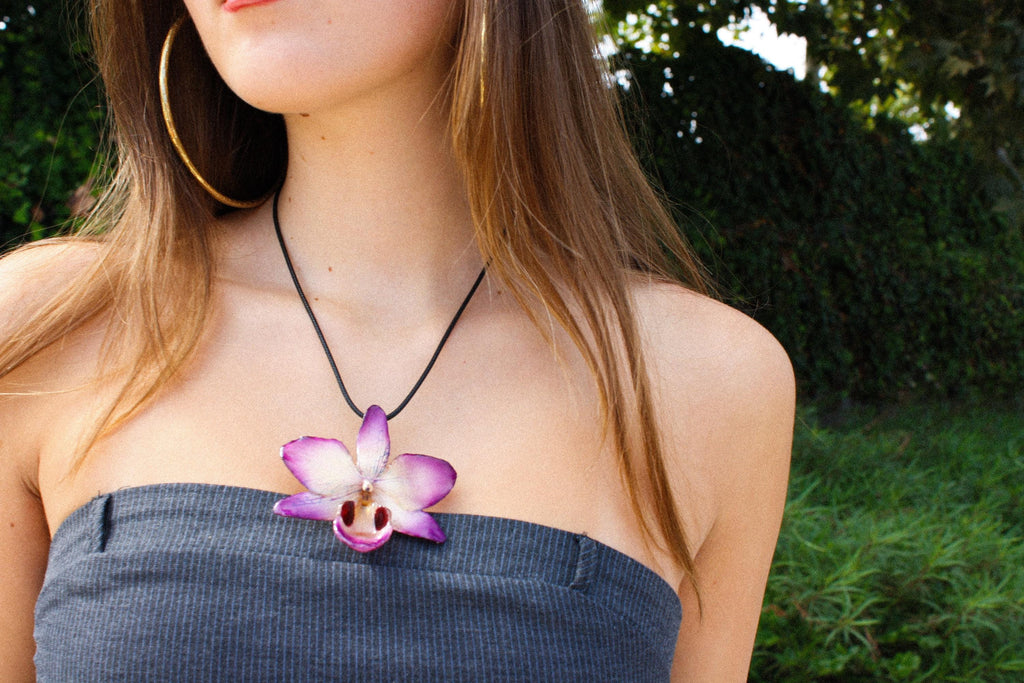 Spotted Orchid on Black Cord - Real Orchid Preserved in Resin