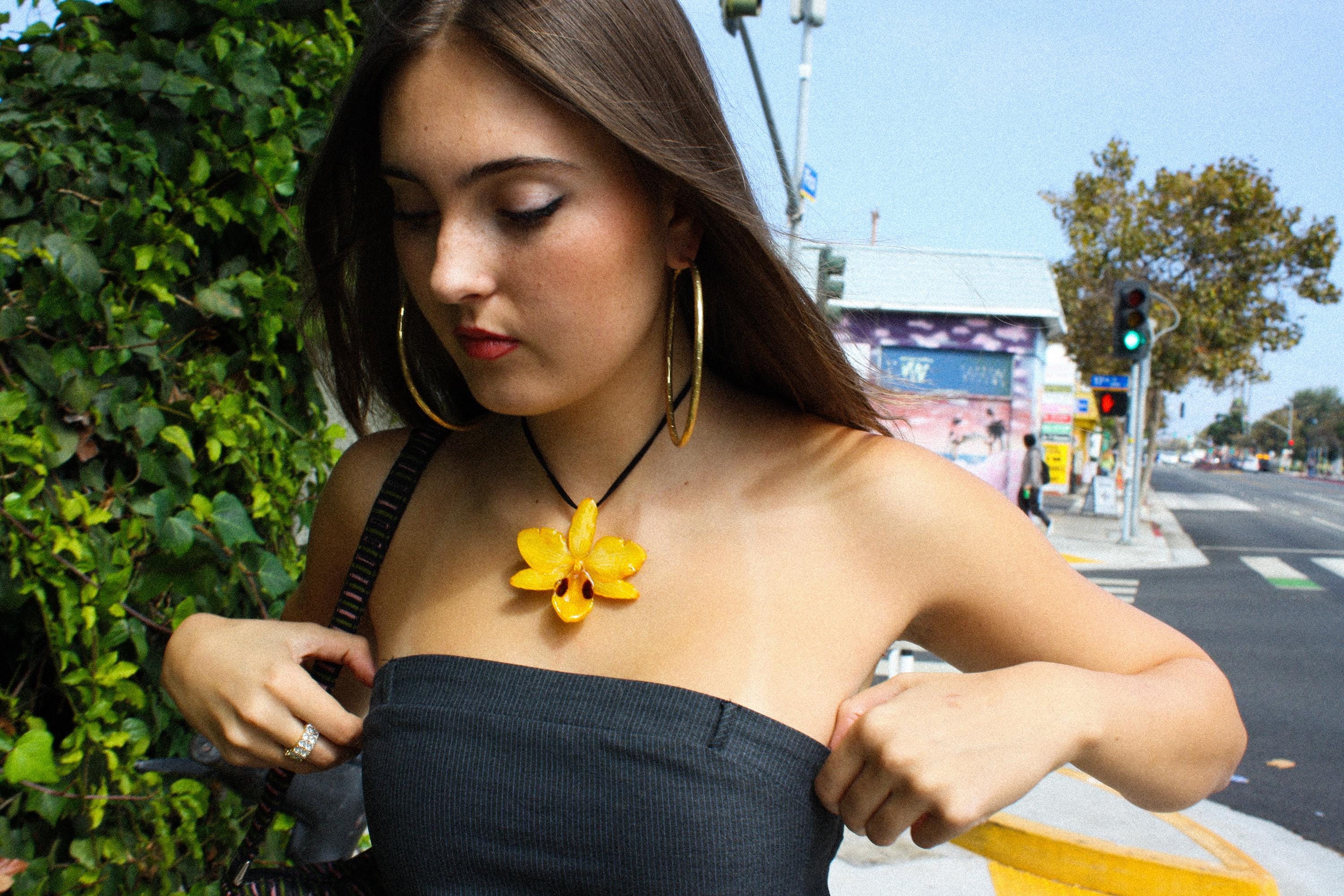 Spotted Orchid on Black Cord - Real Orchid Preserved in Resin