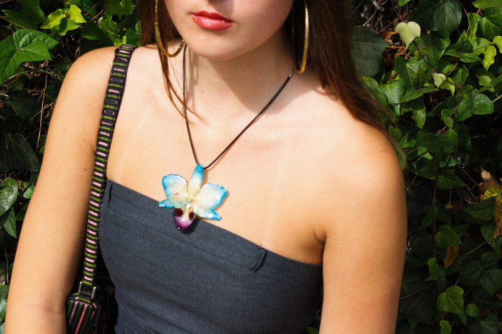 Spotted Orchid on Black Cord - Real Orchid Preserved in Resin