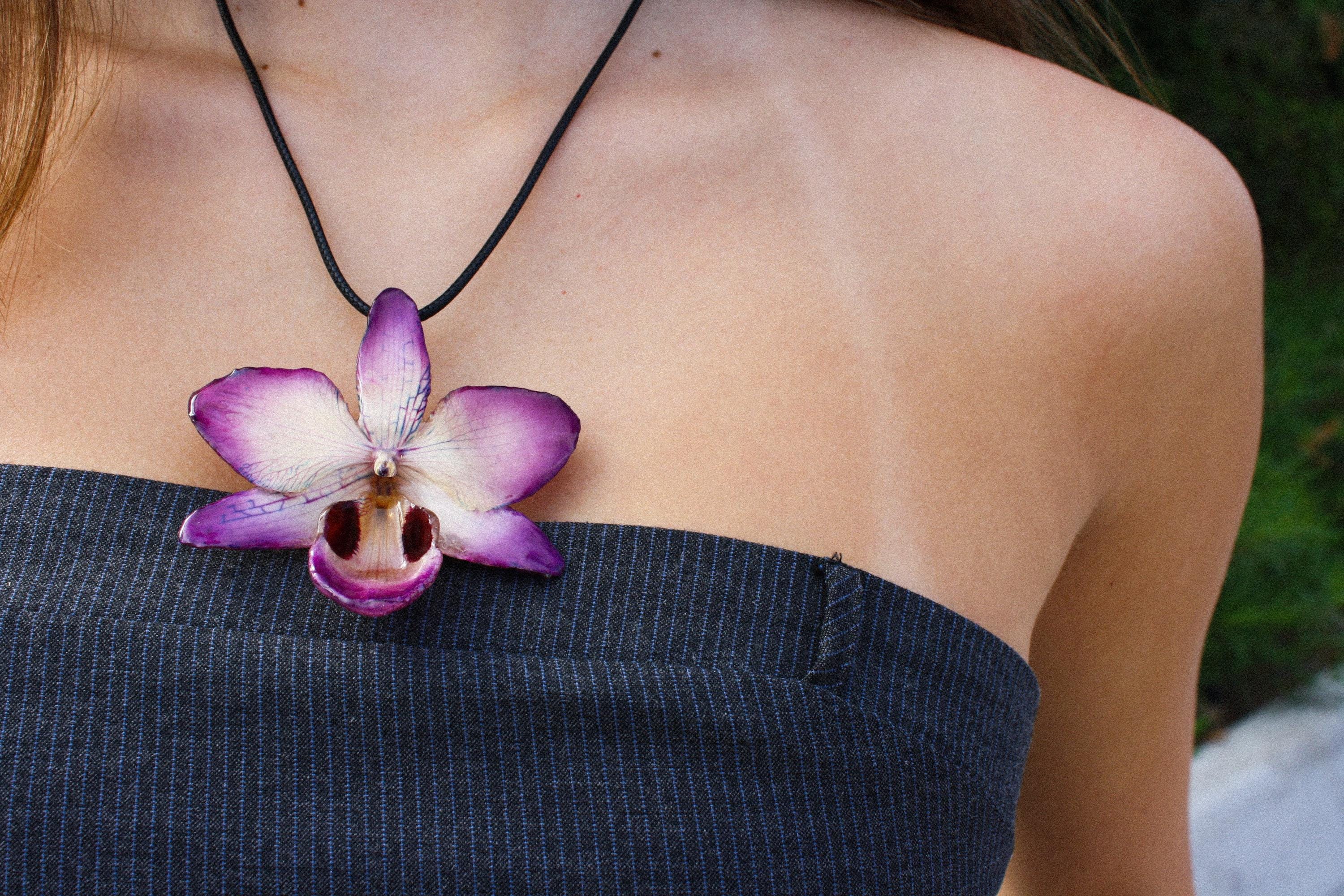 Spotted Orchid on Black Cord - Real Orchid Preserved in Resin