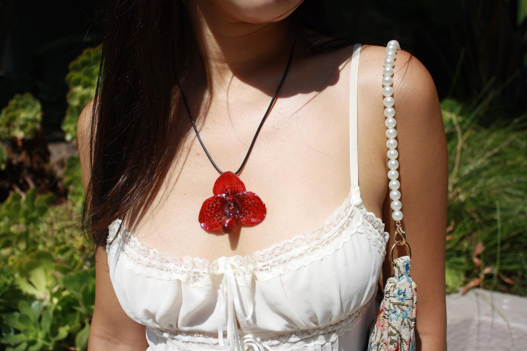 Bella Orchid on Black Cord - Real Orchid Preserved in Resin