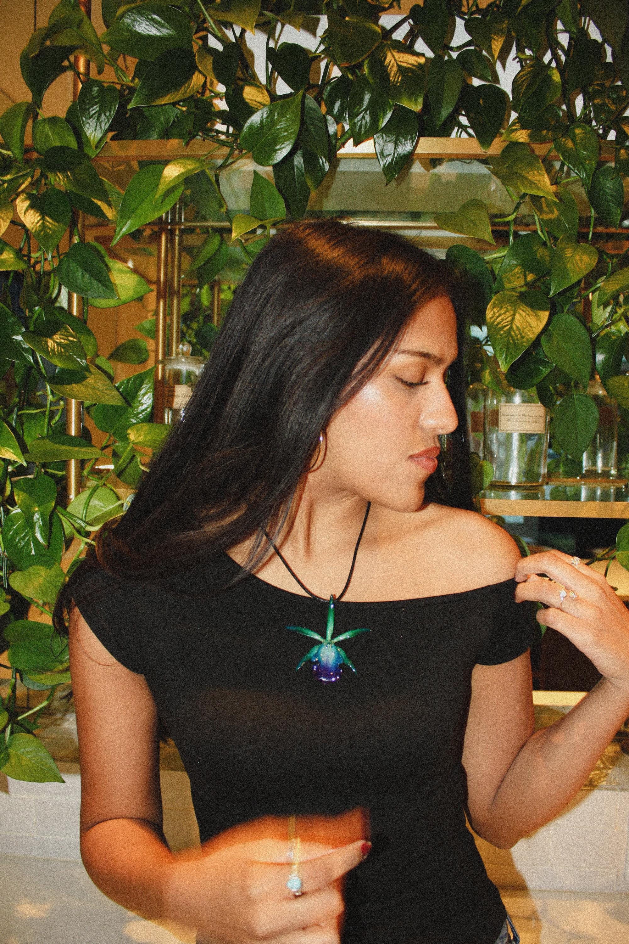 Skinny Cattleya on Black Cord - Real Orchid Preserved in Resin