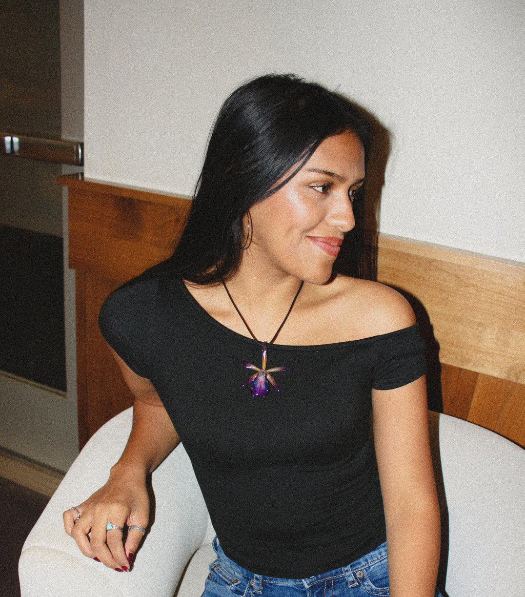 Skinny Cattleya on Black Cord - Real Orchid Preserved in Resin