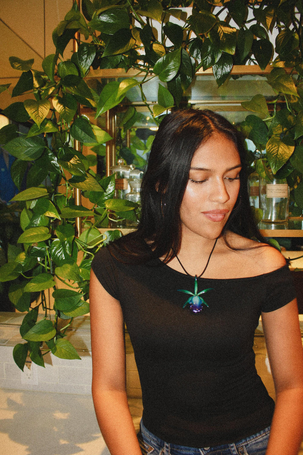 Skinny Cattleya on Black Cord - Real Orchid Preserved in Resin