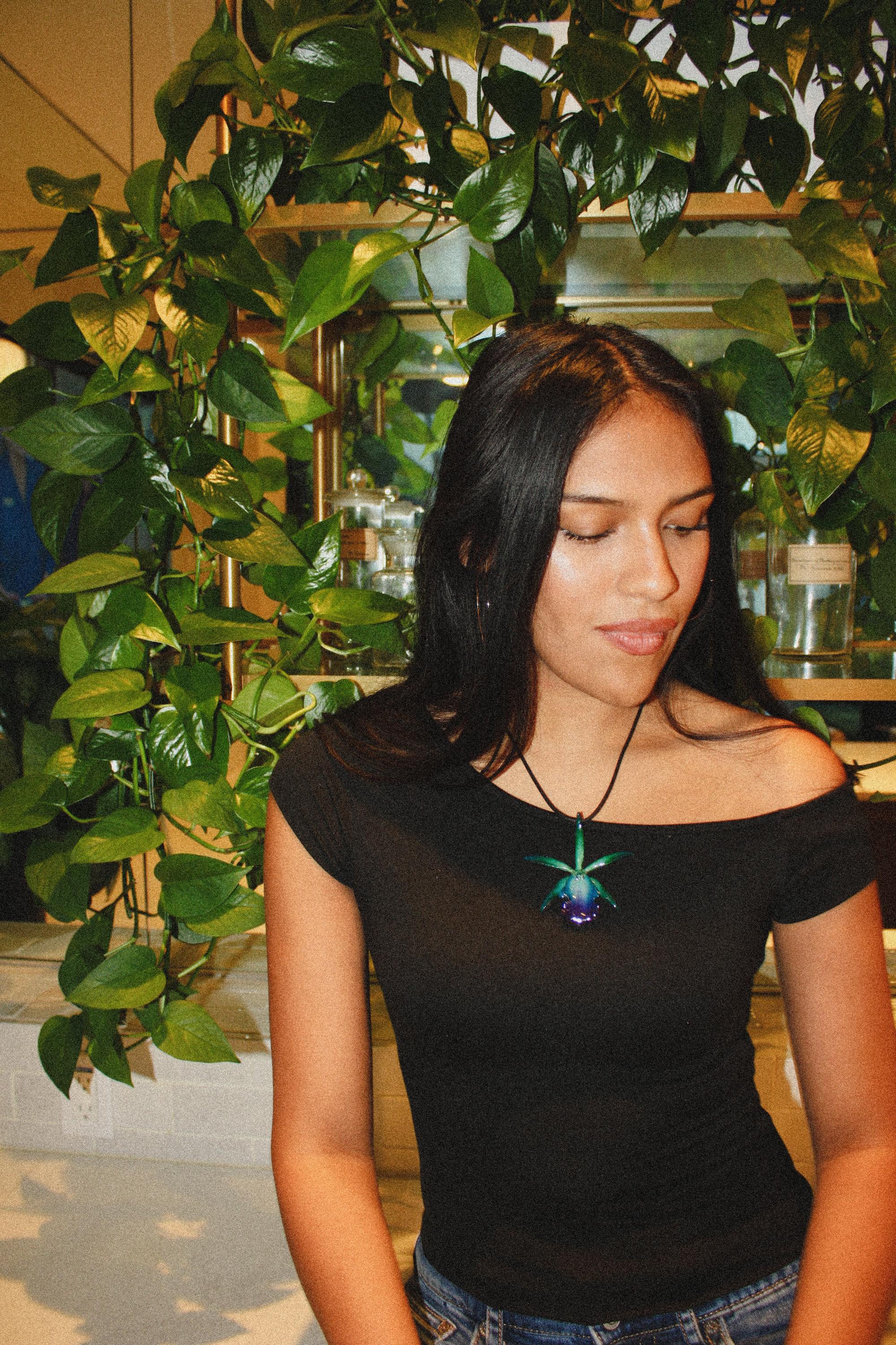 Skinny Cattleya on Black Cord - Real Orchid Preserved in Resin