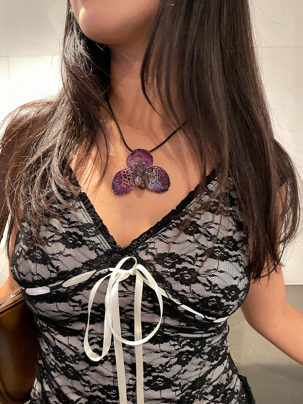 Bella Orchid on Black Cord - Real Orchid Preserved in Resin