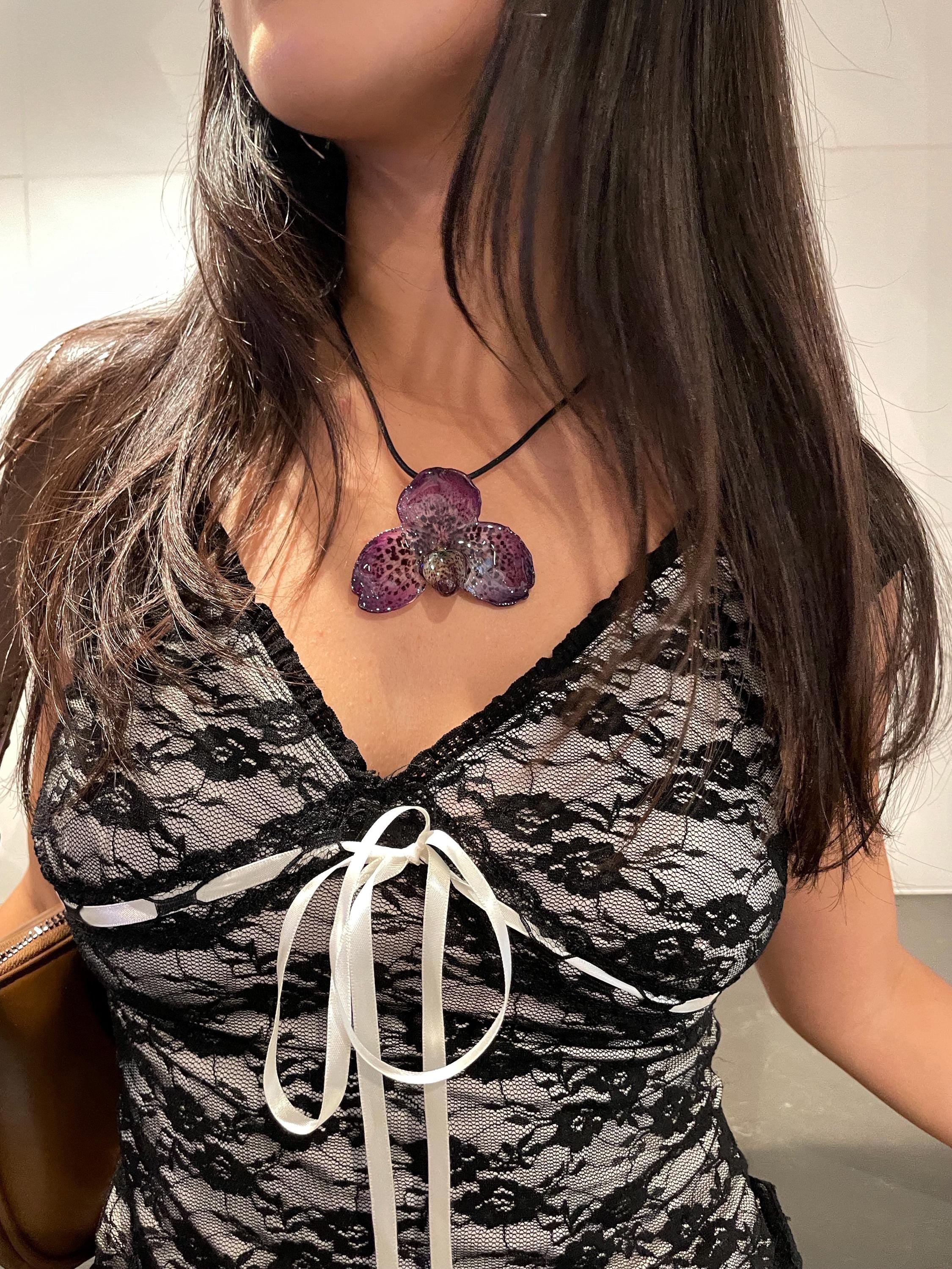 Bella Orchid on Black Cord - Real Orchid Preserved in Resin
