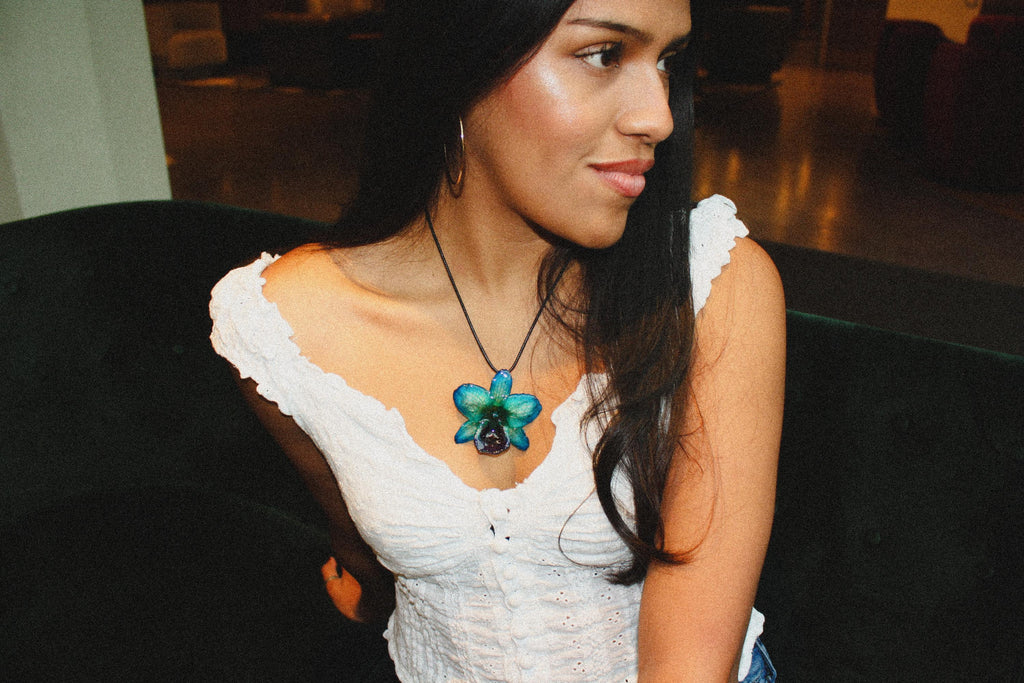 Orchid on Black Cord - Real orchid Preserved in Resin