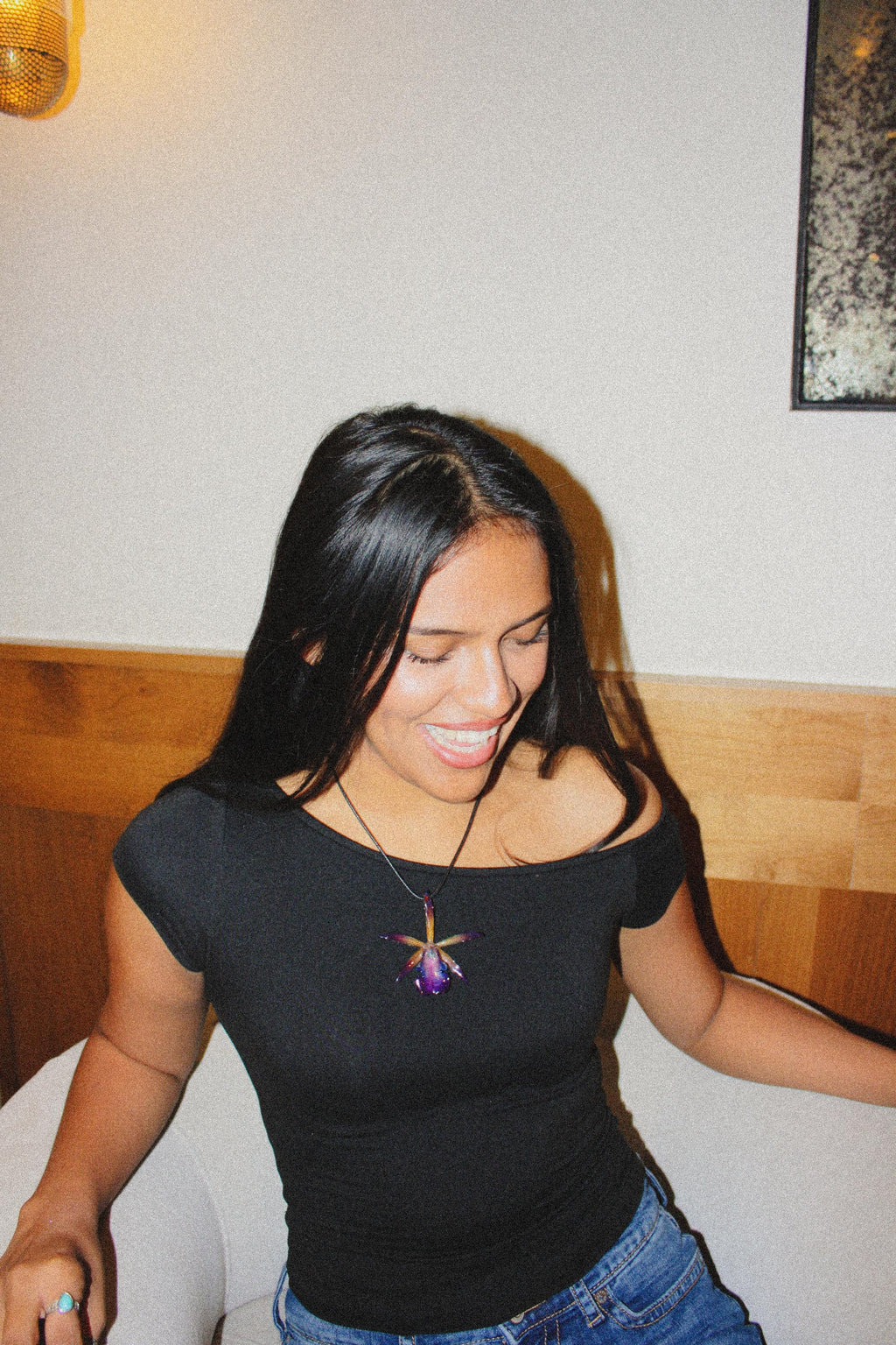 Skinny Cattleya on Black Cord - Real Orchid Preserved in Resin