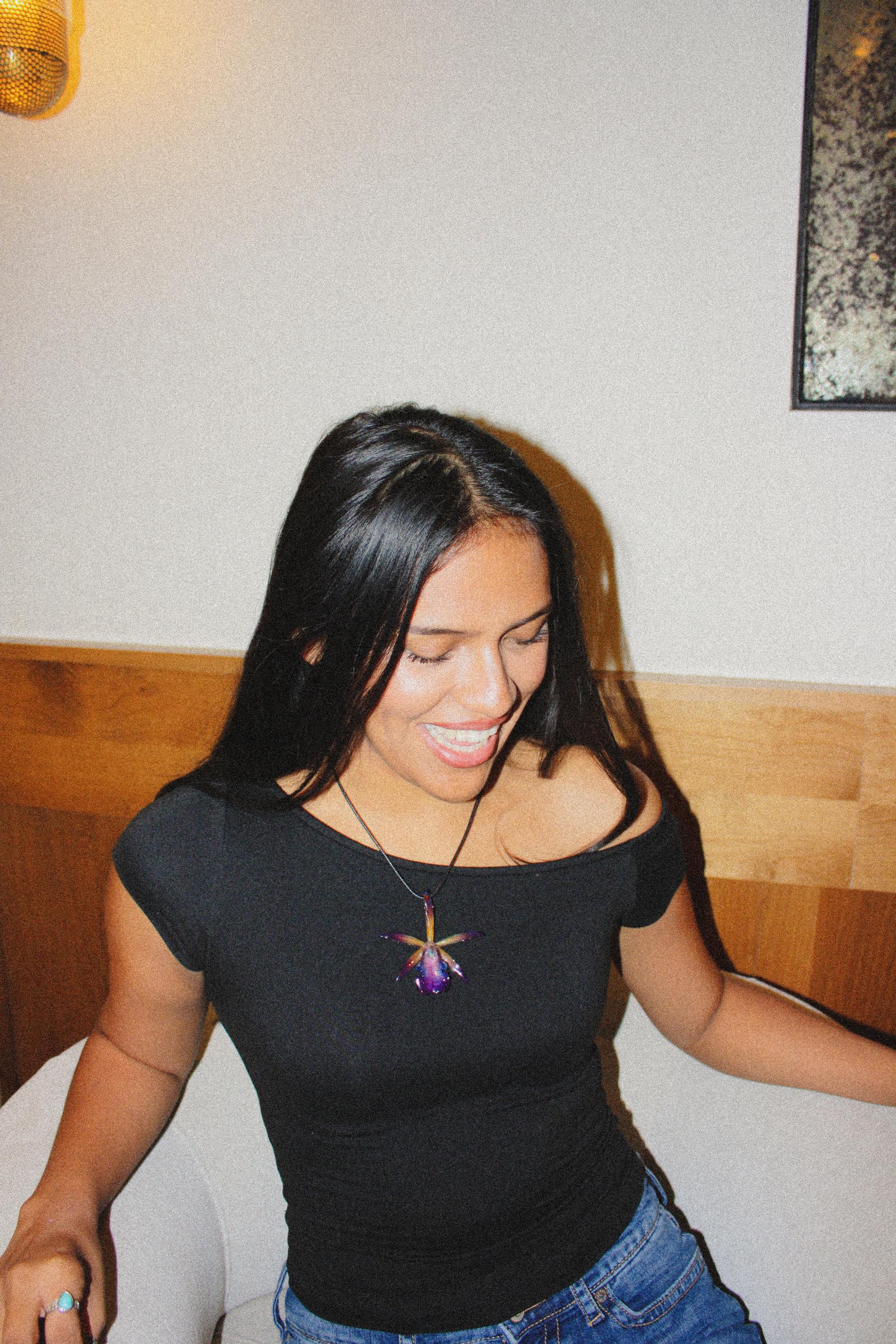 Skinny Cattleya on Black Cord - Real Orchid Preserved in Resin