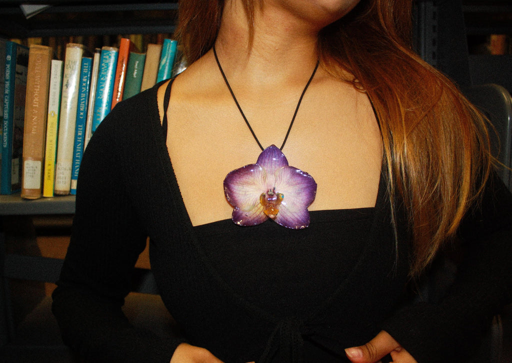 Orchid on Black Cord - Real orchid Preserved in Resin