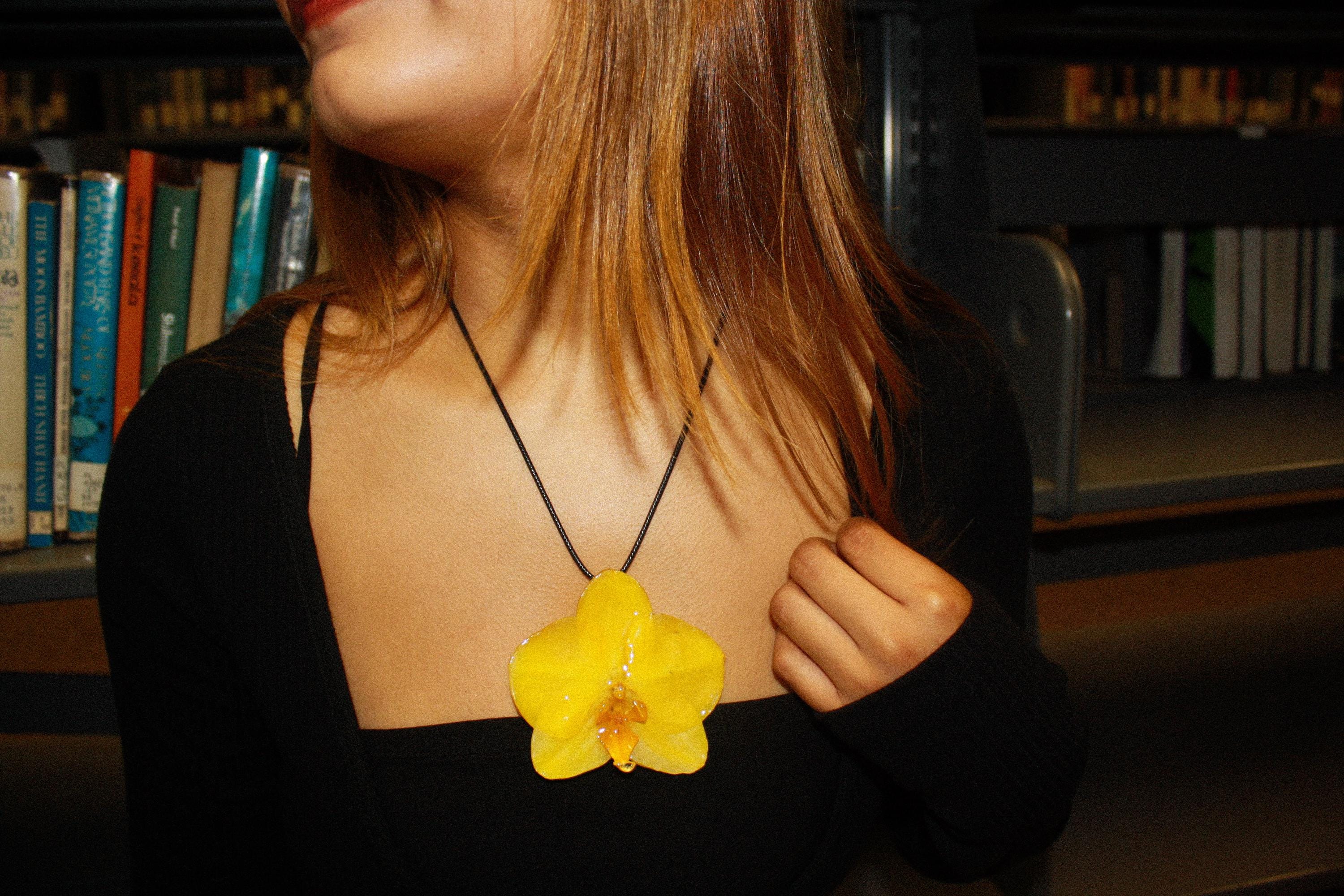 Orchid on Black Cord - Real orchid Preserved in Resin