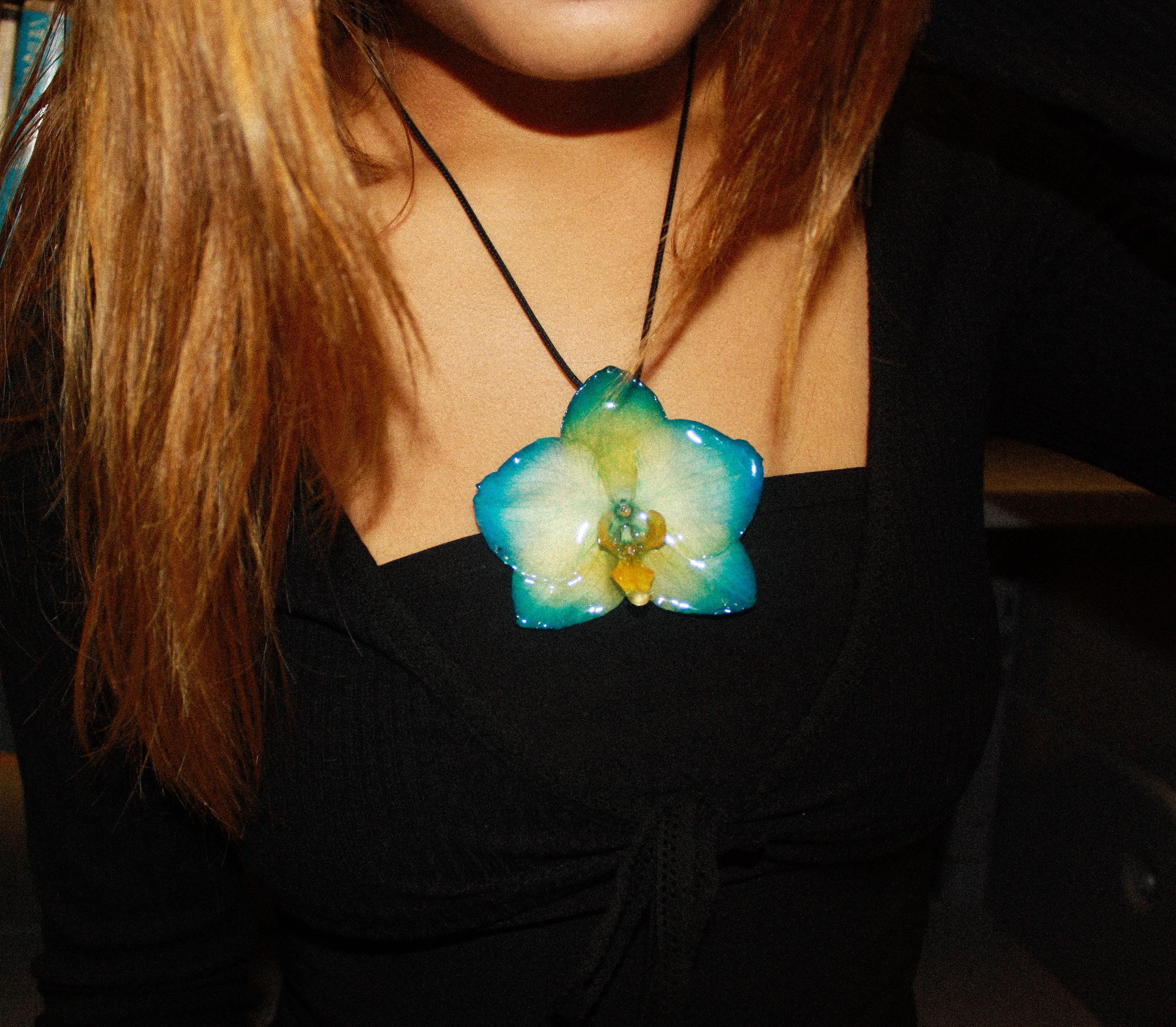 Orchid on Black Cord - Real orchid Preserved in Resin