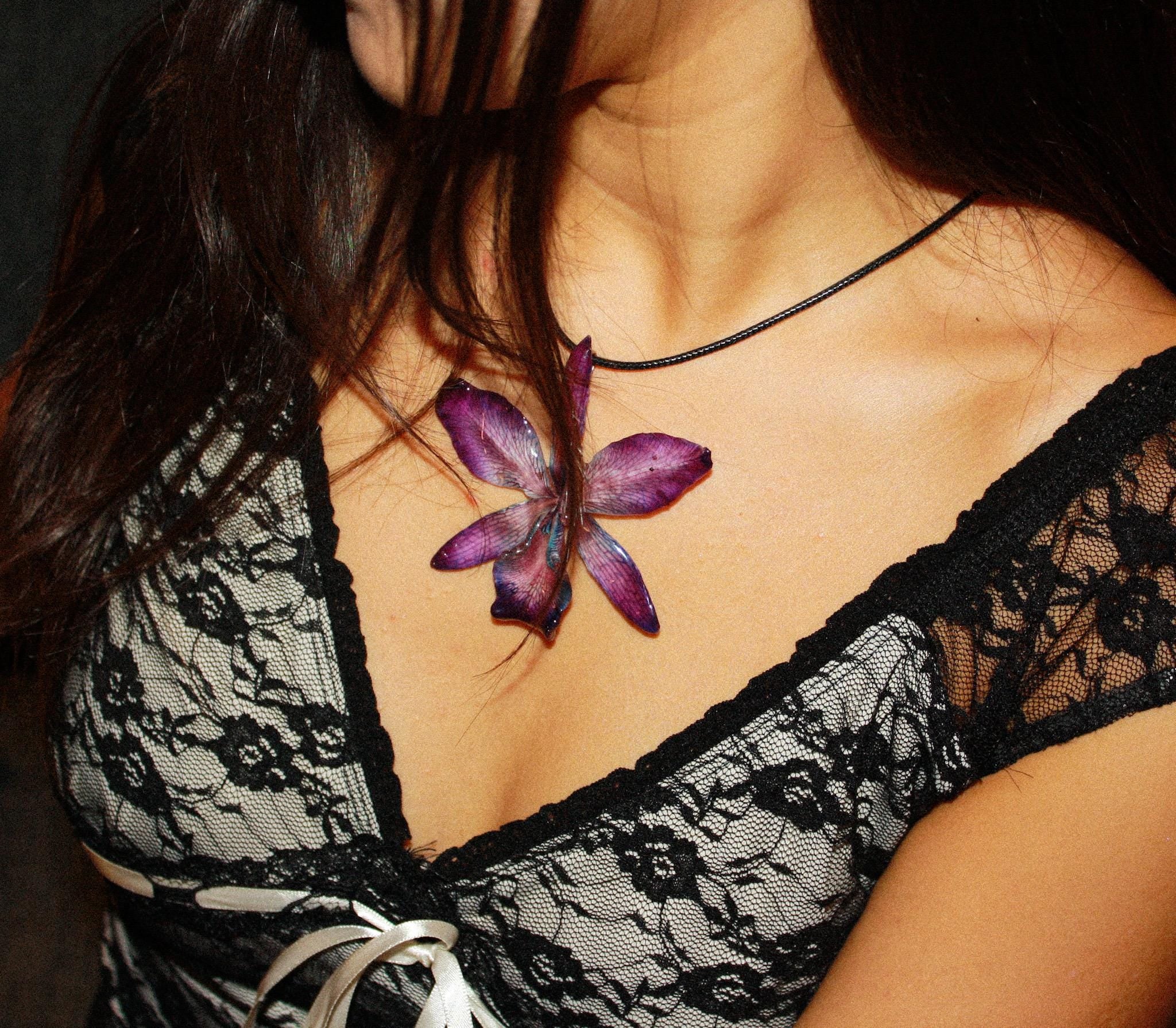 Cattleya on Black Cord - Real Orchid Preserved in Resin