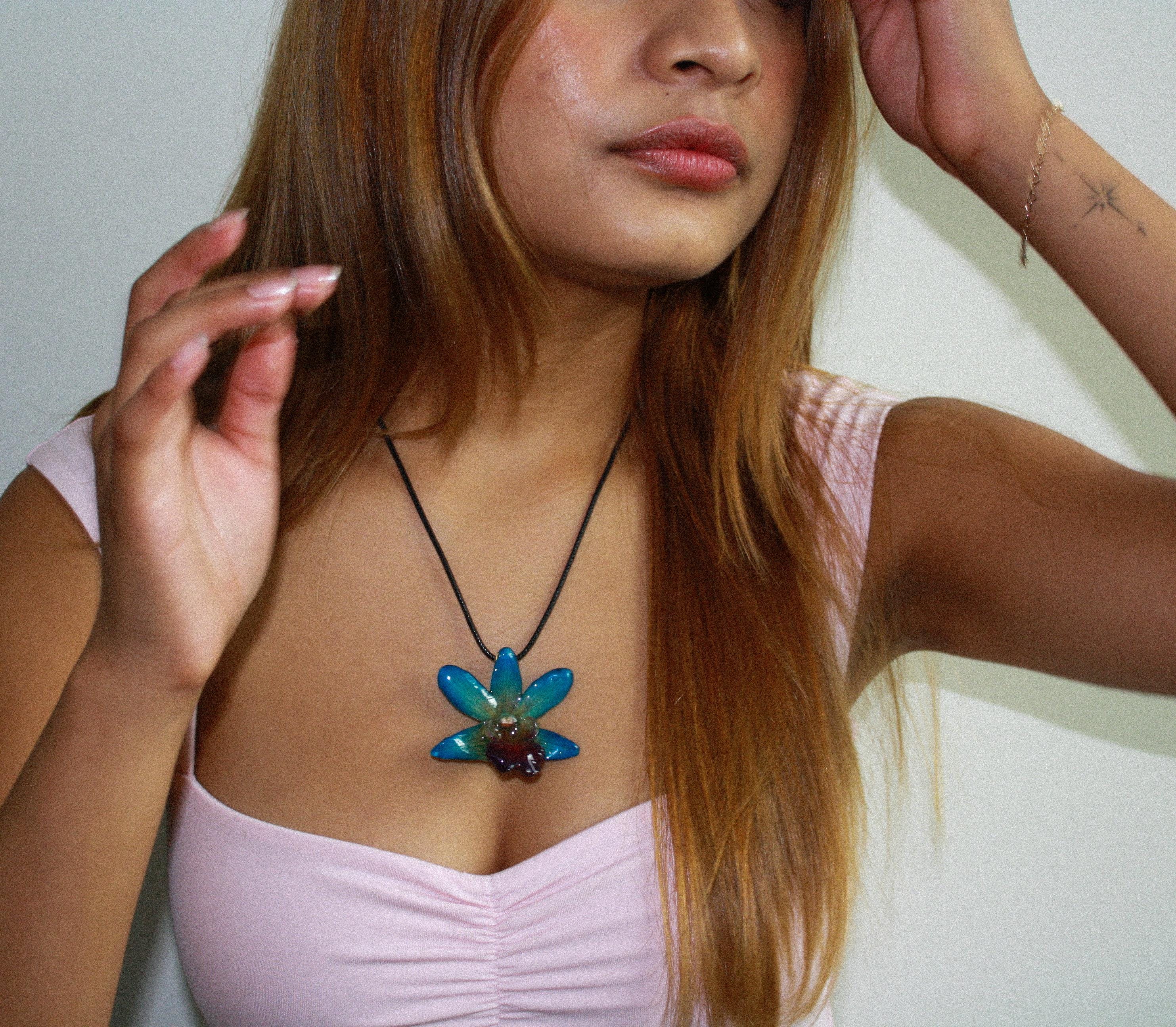 Spiky orchid on Black Cord - Real orchid Preserved in Resin