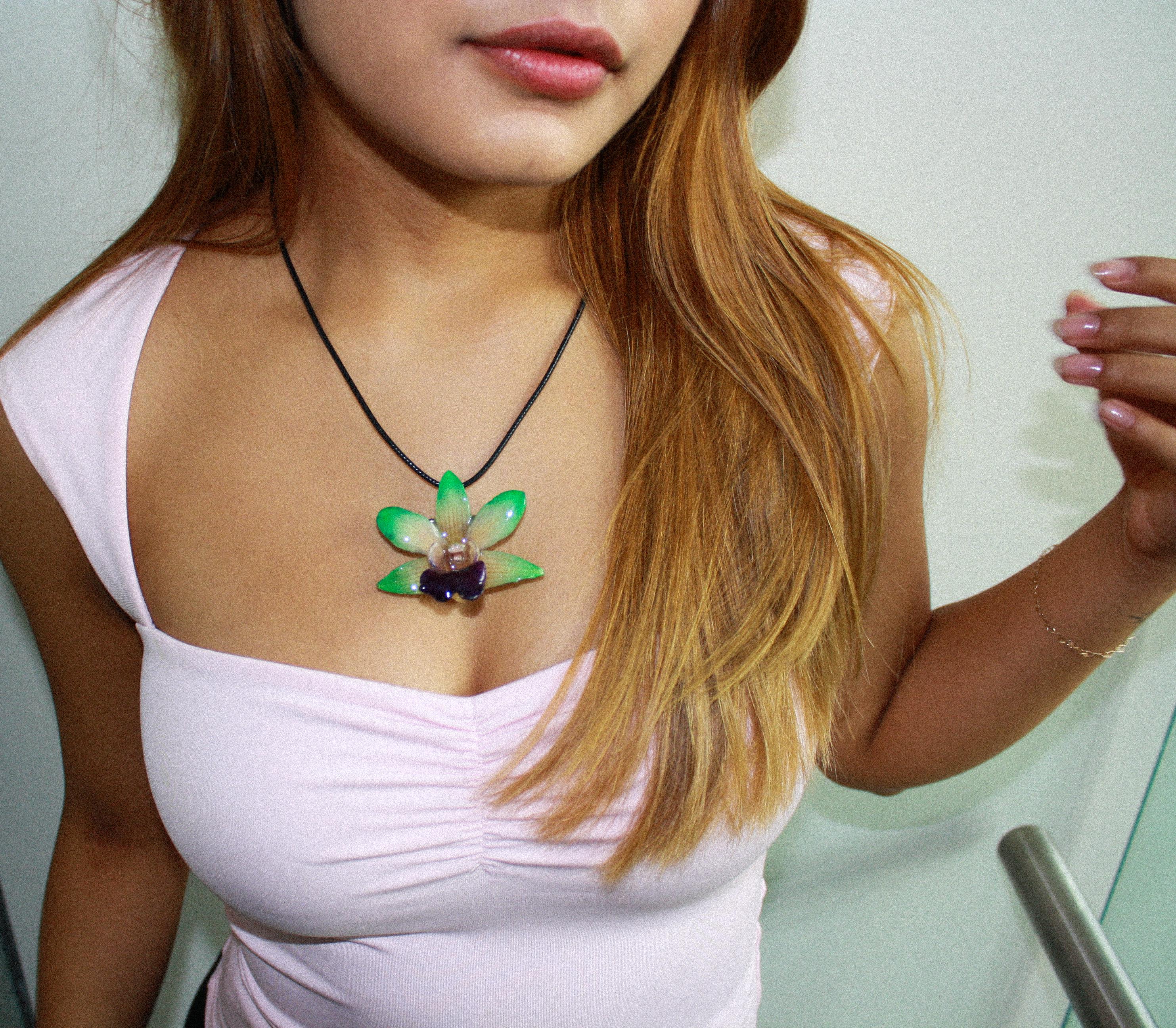 Spiky orchid on Black Cord - Real orchid Preserved in Resin