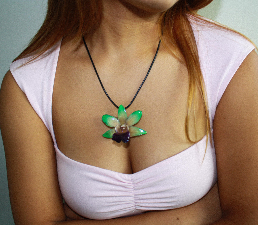 Spiky orchid on Black Cord - Real orchid Preserved in Resin