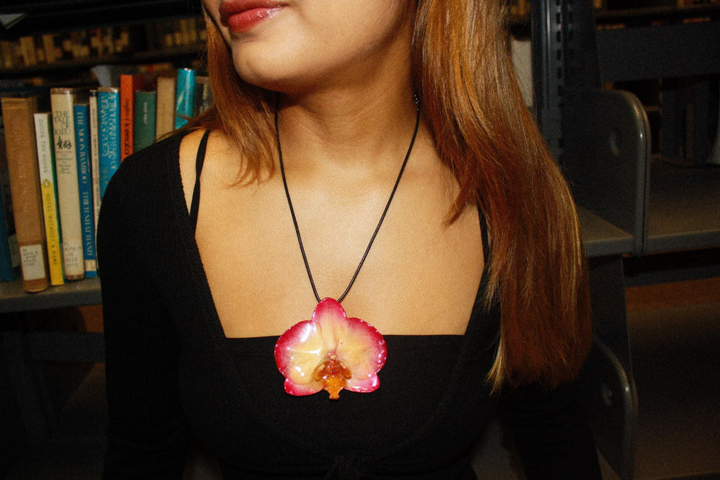 Orchid on Black Cord - Real orchid Preserved in Resin