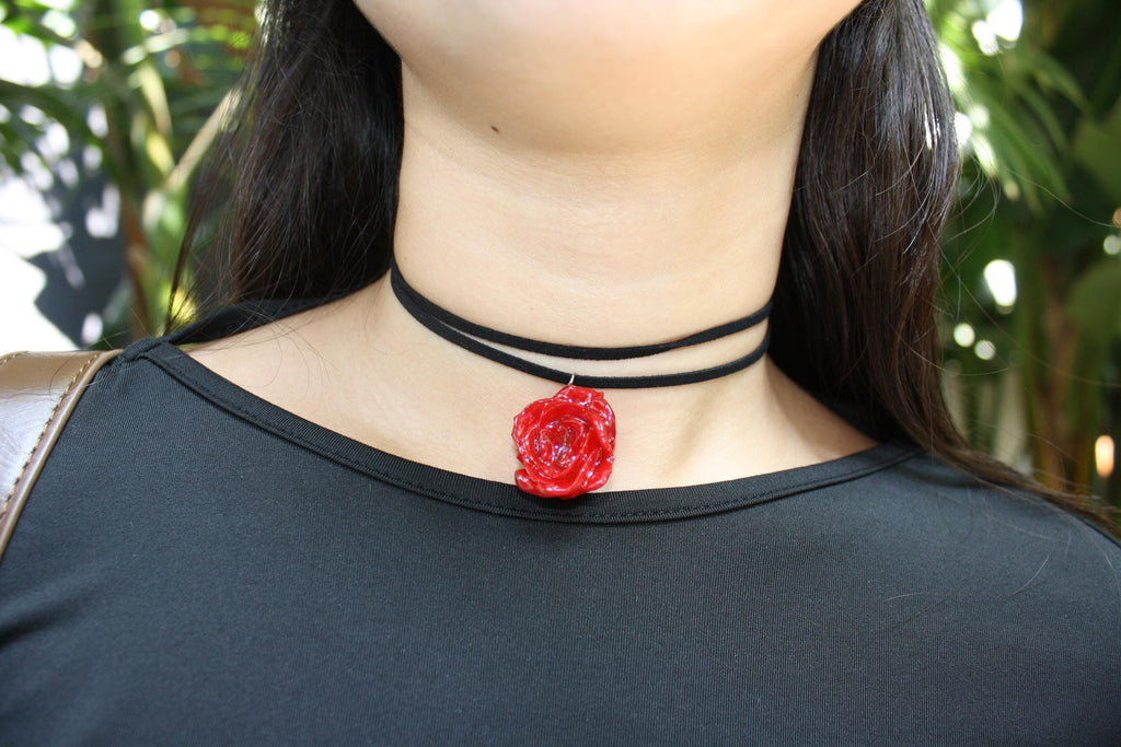 Rose Choker on Black Cord - Real Flower Preserved in Resin