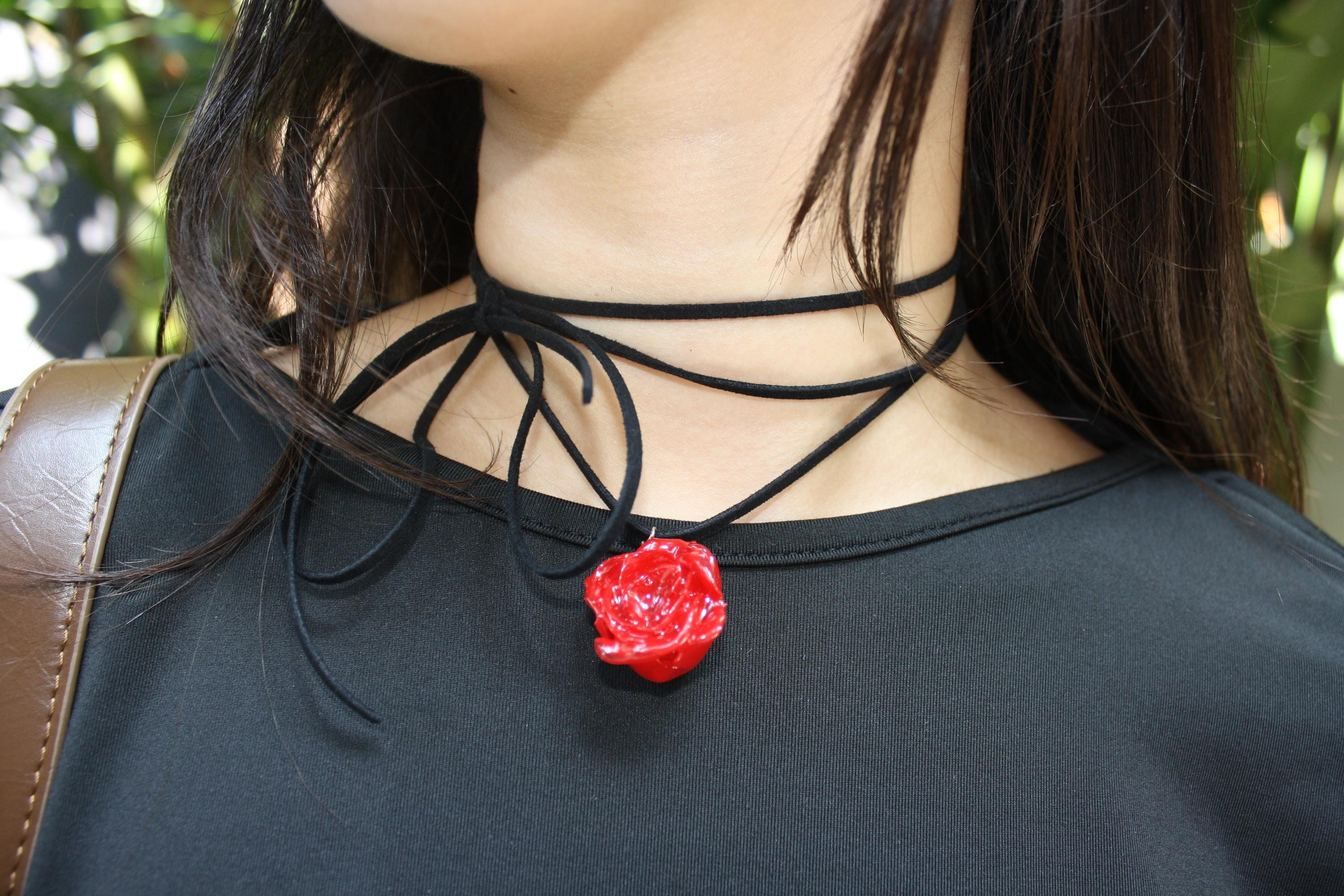 Rose Choker on Black Cord - Real Flower Preserved in Resin
