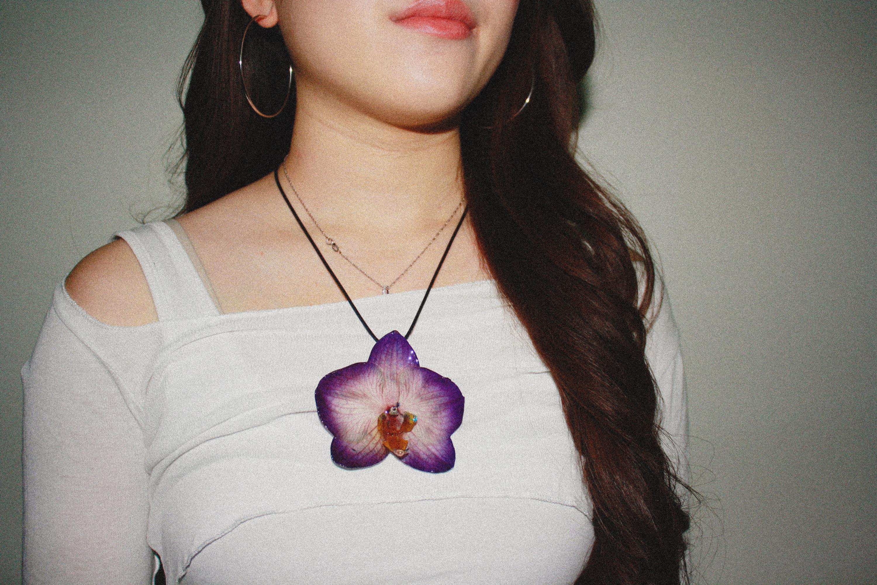 Orchid on Black Cord - Real orchid Preserved in Resin