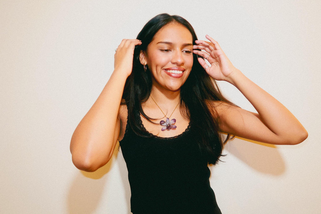 Mini Real Orchid on Gold Stainless Steel Chain — Real Orchid Preserved in Resin