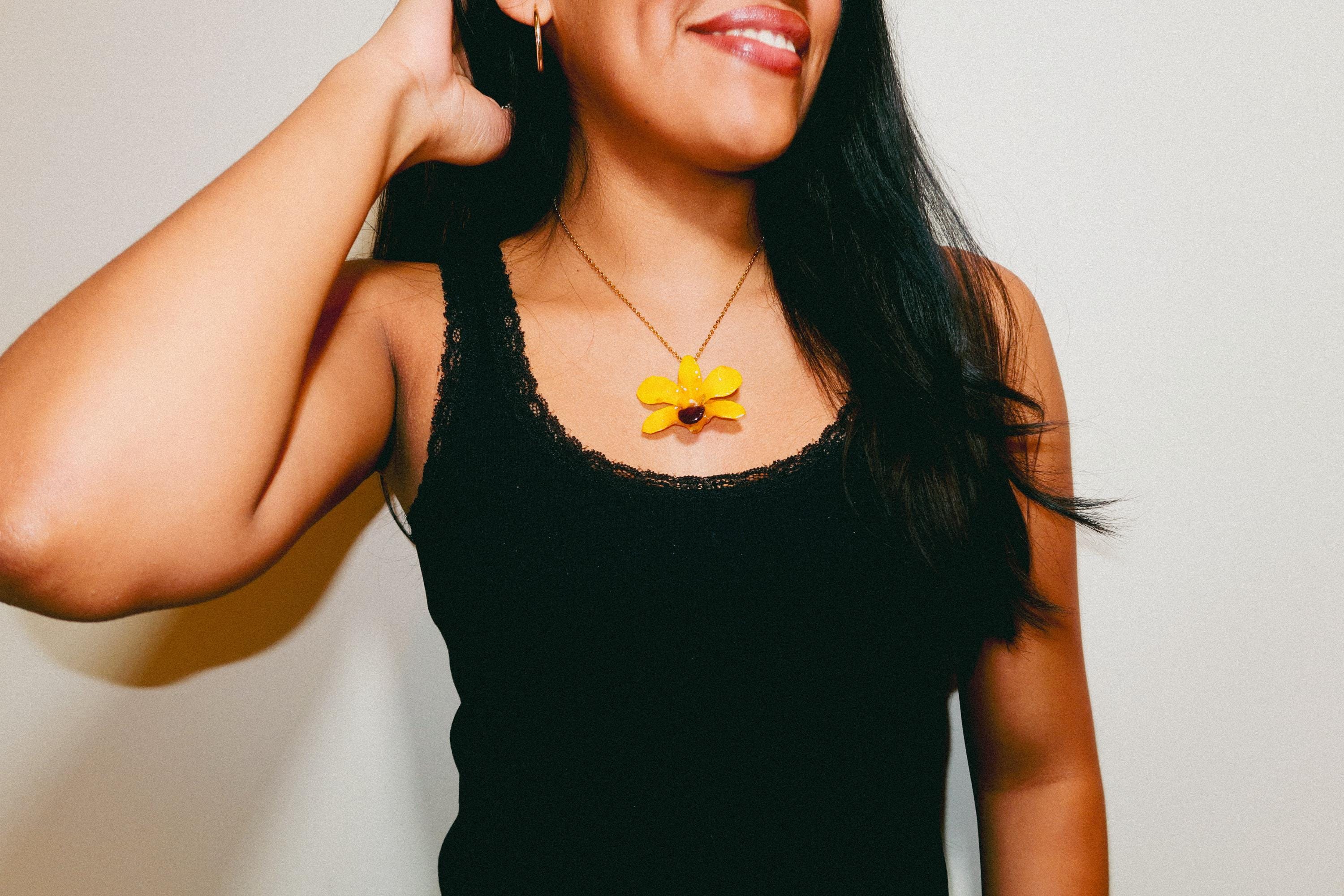 Mini Real Orchid on Gold Stainless Steel Chain — Real Orchid Preserved in Resin