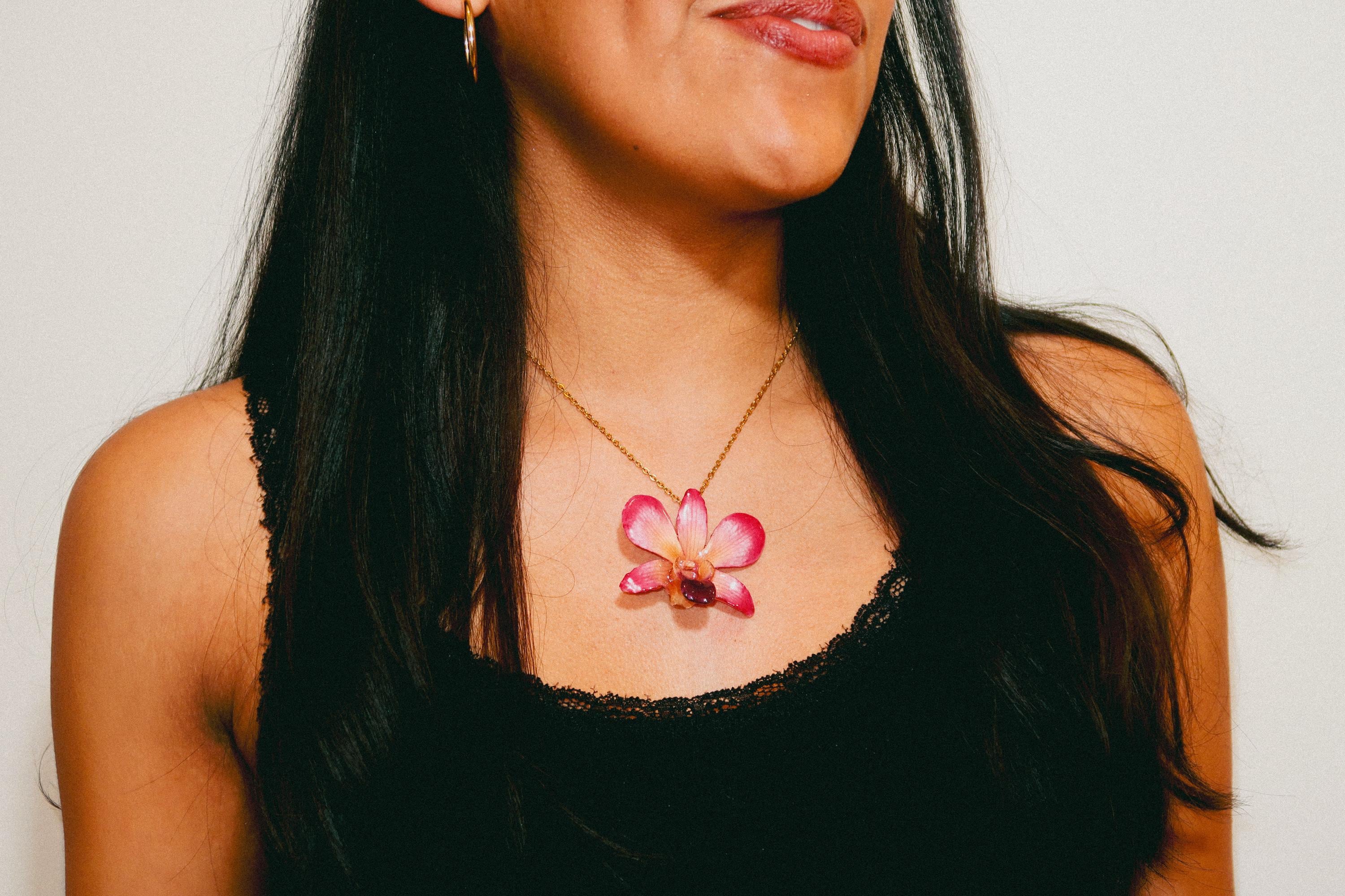 Mini Real Orchid on Gold Stainless Steel Chain — Real Orchid Preserved in Resin