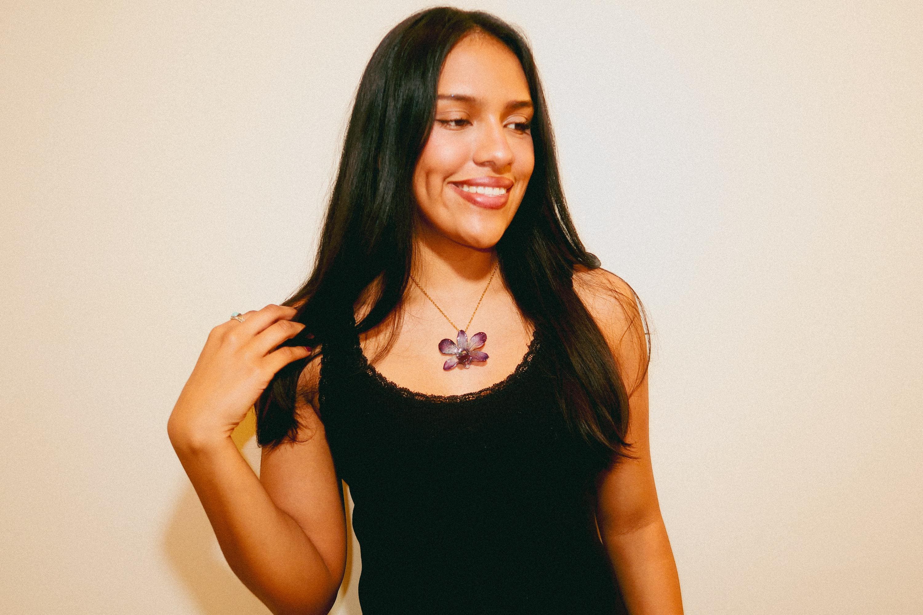 Mini Real Orchid on Gold Stainless Steel Chain — Real Orchid Preserved in Resin